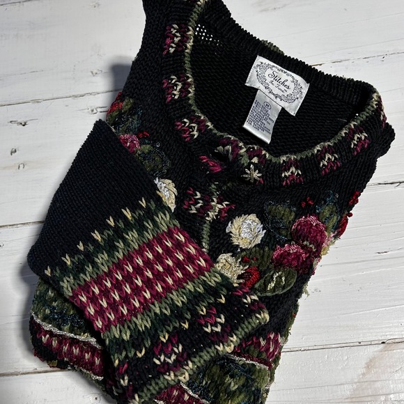 Stitches In Time Sweaters - Stitches In Time Vintage Christmas Cardigan‎ Black Floral Tree Beaded Mens M